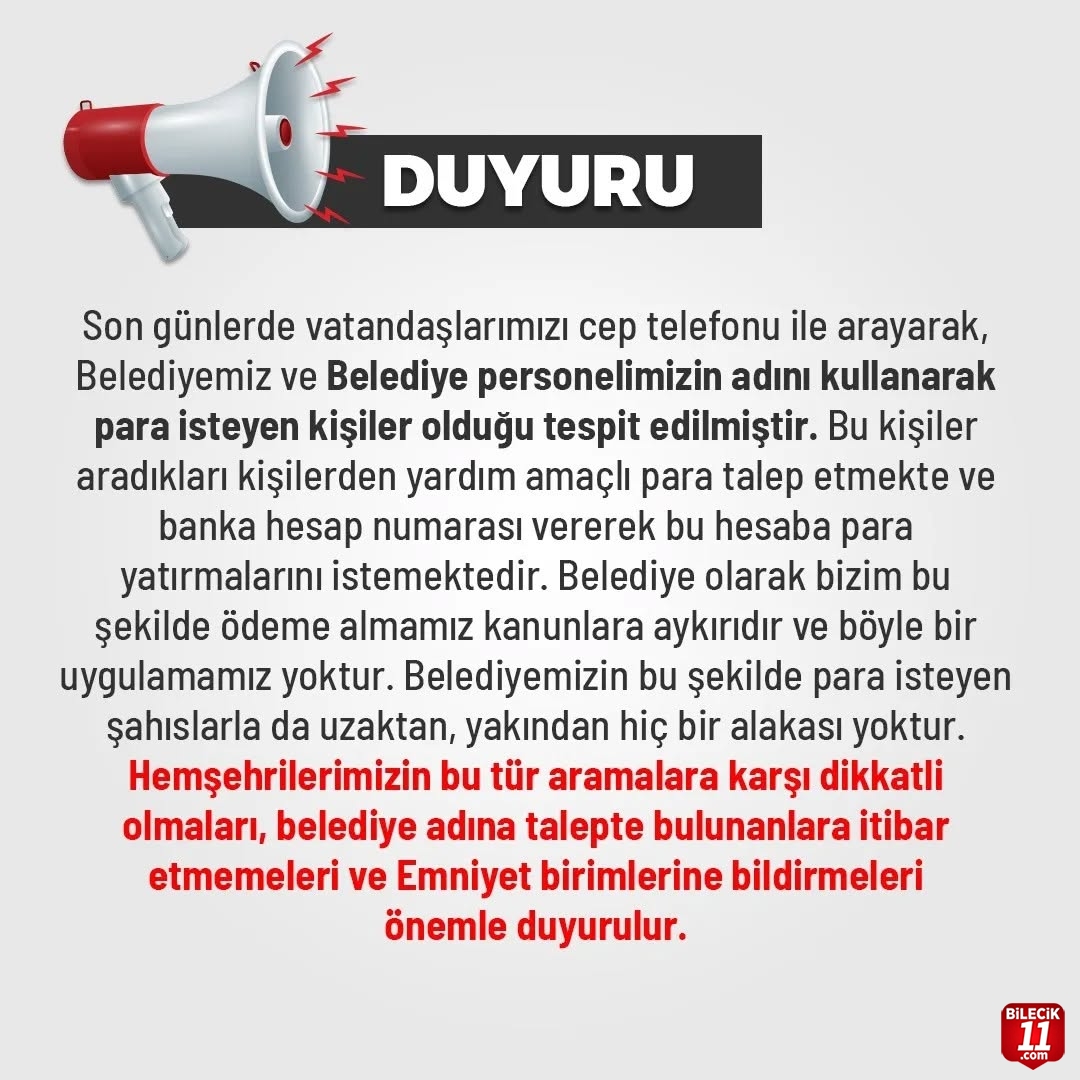 Bozüyük Belediyesi'nden Dolandırıcılık Uyarısı