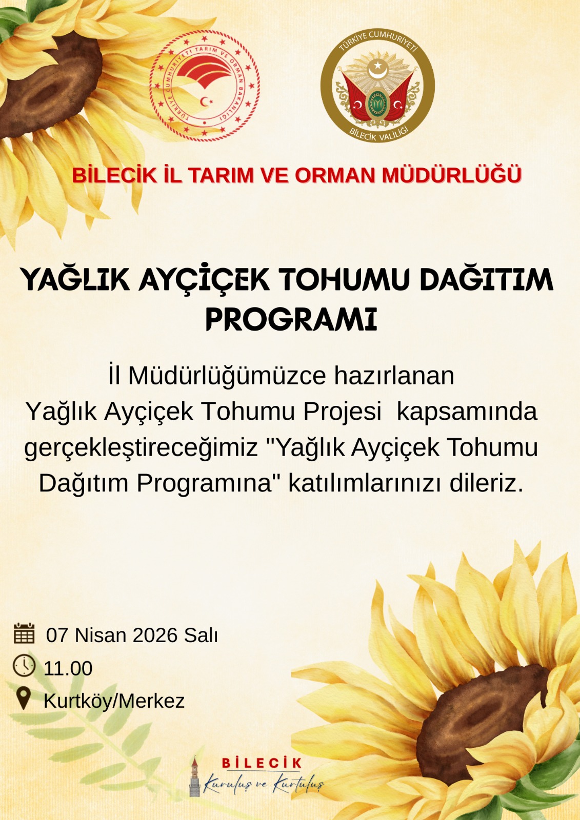 Bilecik'te Yağlık Ayçiçek Tohumu Dağıtım Programı Yapılacak