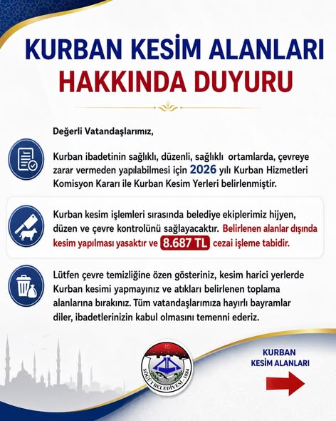 BELEDİYE'DEN KURBAN KESİM ALANLARI HAKKINDA DUYURU